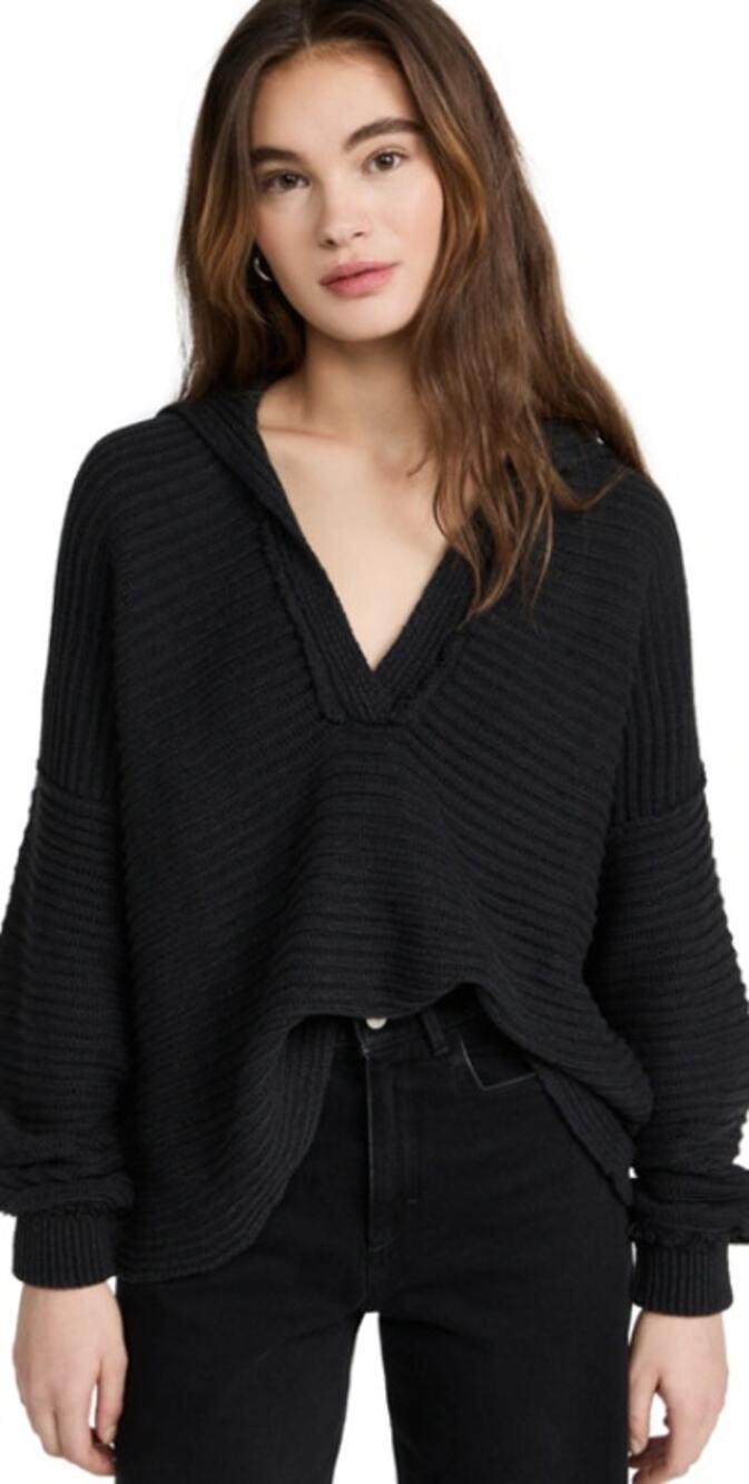Free People Marlie Pullover Sweater V-Neck Fringe Ribbed Chunky Knit Oversized